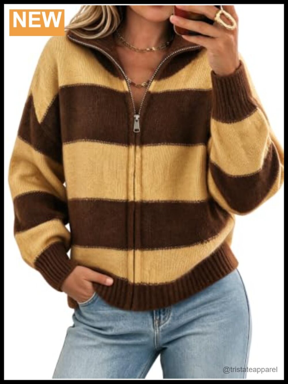 Women Striped Color Block Zip Cardigan Knit Sweater